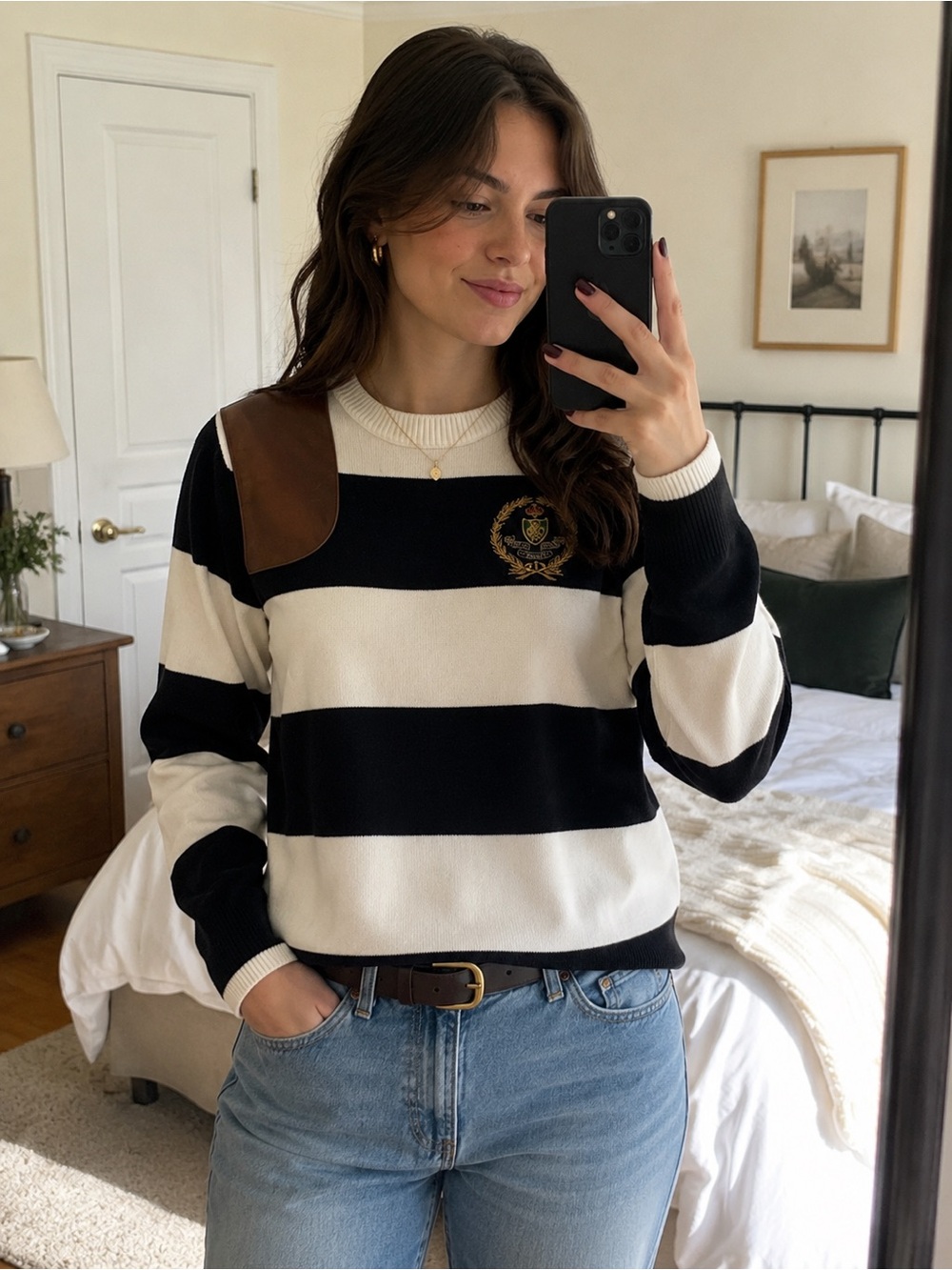Ralph Lauren Black and White Striped Sweater with Real Leather Accent
